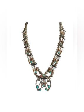 Sterling Silver Zuni Inlay Owl Squash Blossom Necklace Signed PITKIN PW NATEWA